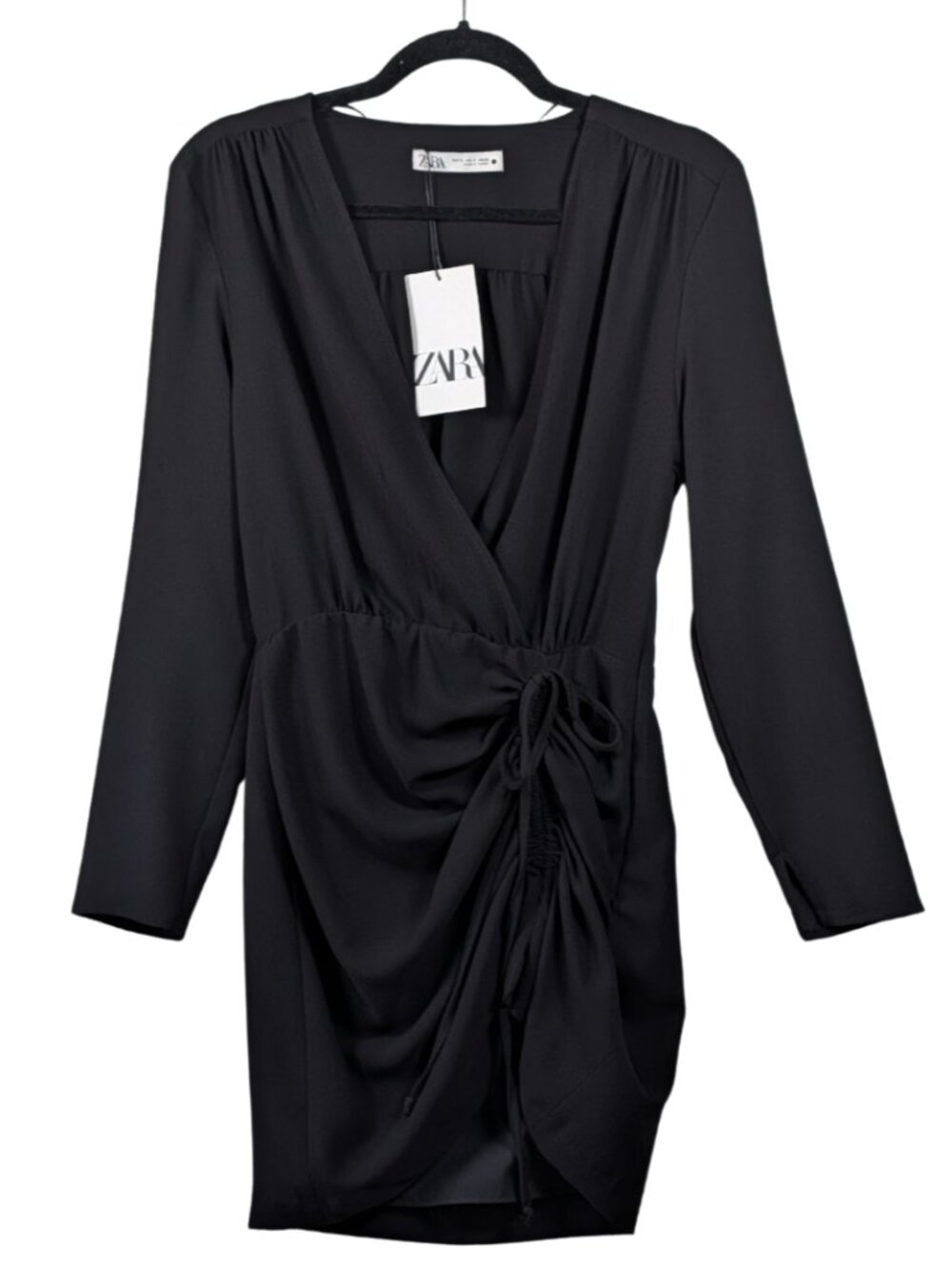 ZARA NWT Black Draped Ruched Long Sleeve V-Neck Mini LBD Dress Small (Read)
